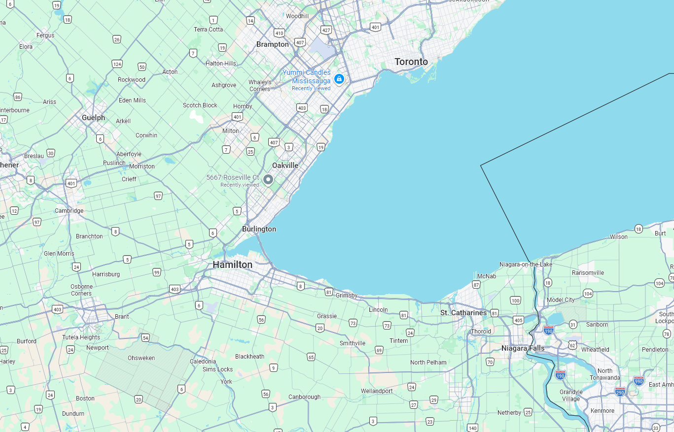 Map of Niagara, Hamilton, Burlington, and surrounding area